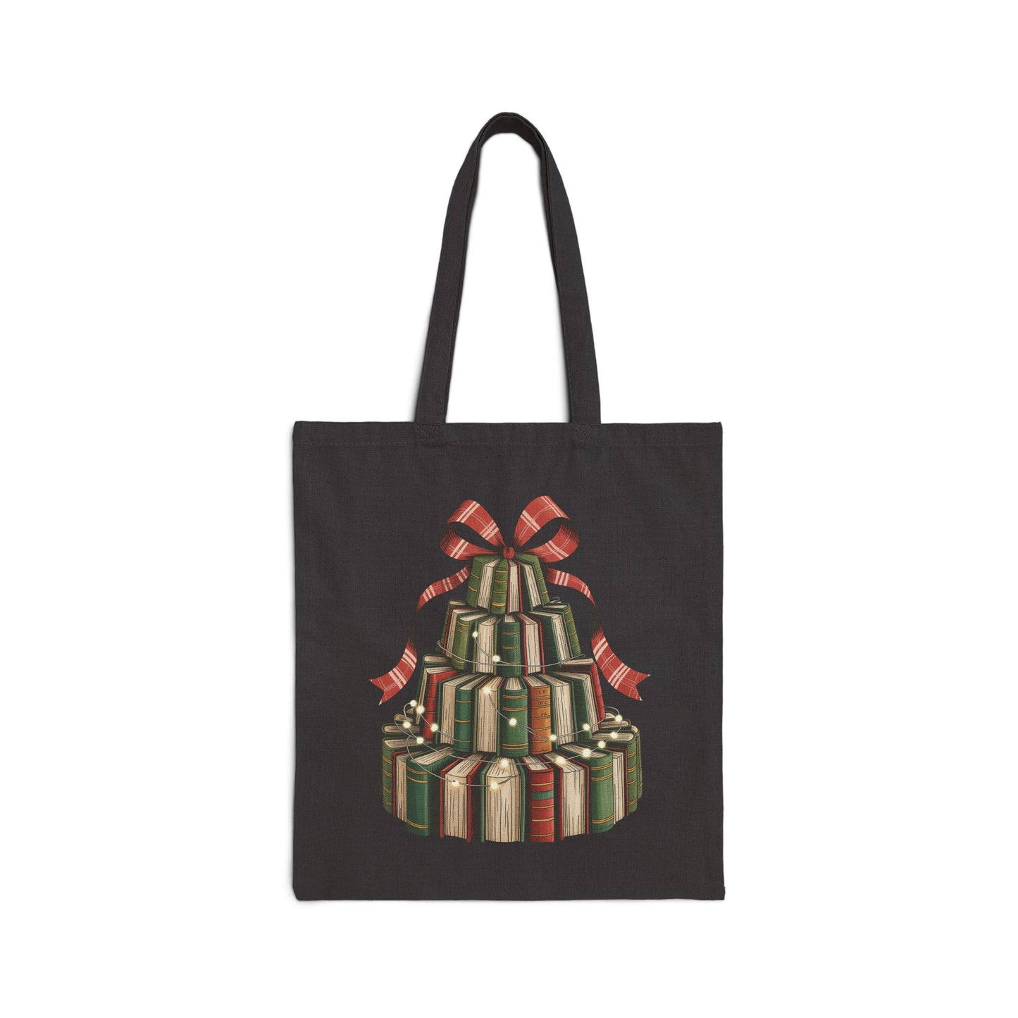 Tote Bag — Vintage Book Tree Design with Holiday Ribbon