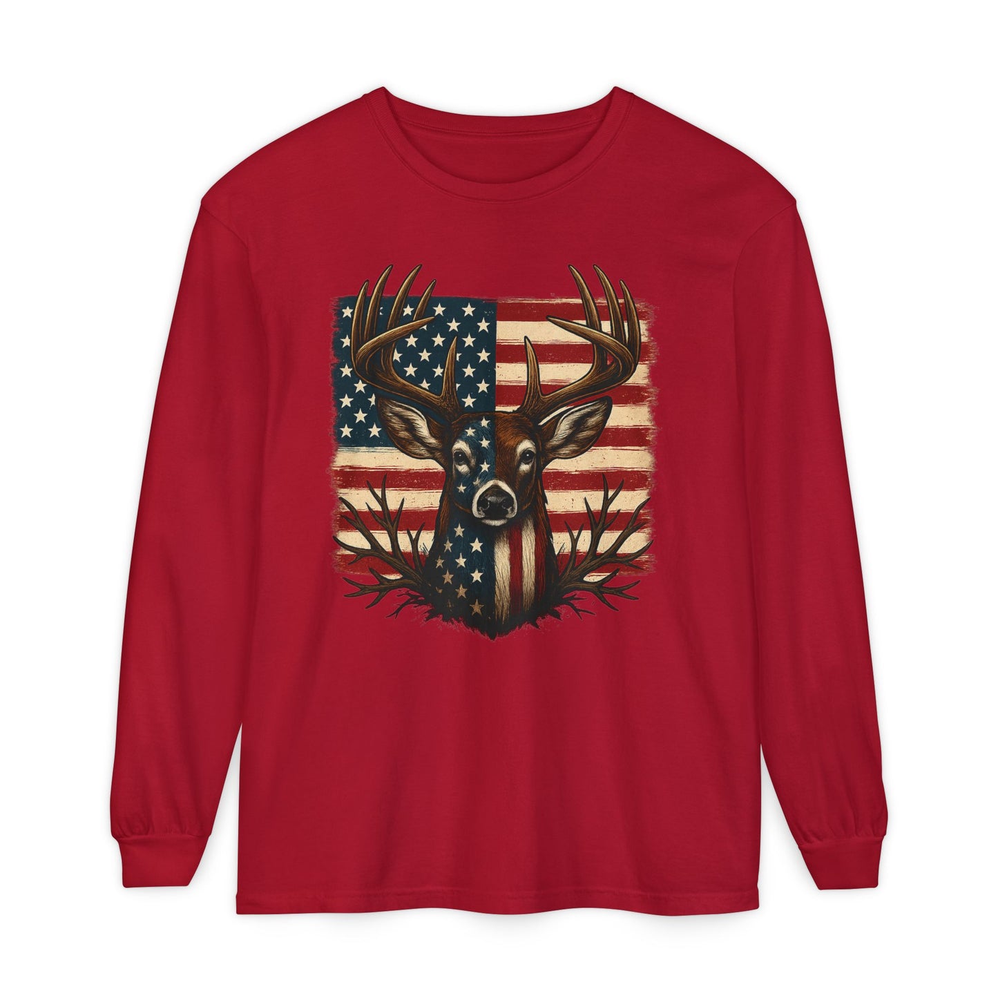 Patriotic Deer Head American Flag Long Sleeve T-Shirt | Hunting USA