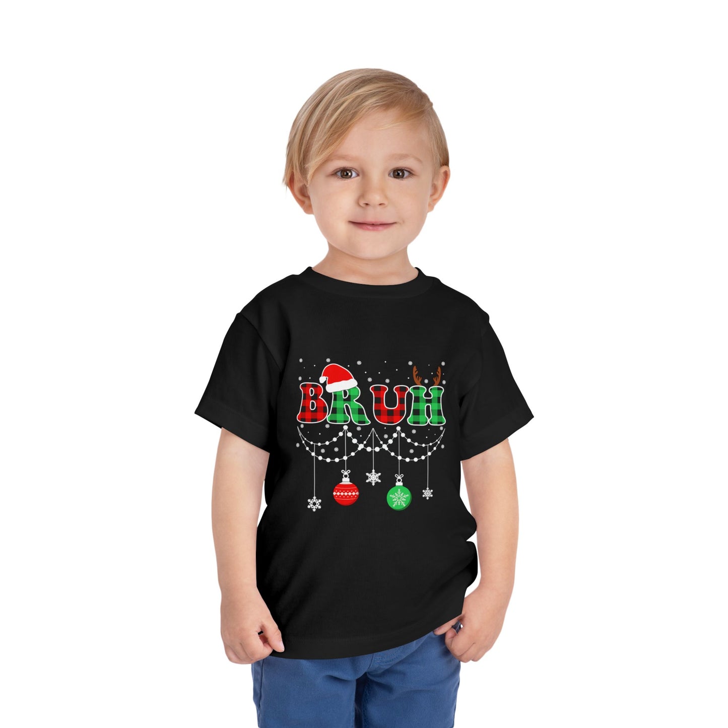 Toddler Tee - 'BRUH' Plaid Christmas Baby Shirt with Santa Hat & Reindeer Antlers