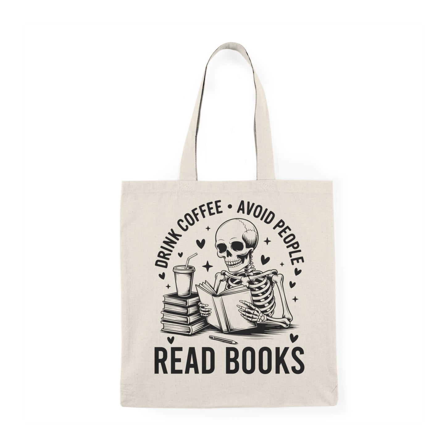 Read Books Tote Bag — "Drink Coffee • Avoid People" Skeleton Booklover Canvas Tote