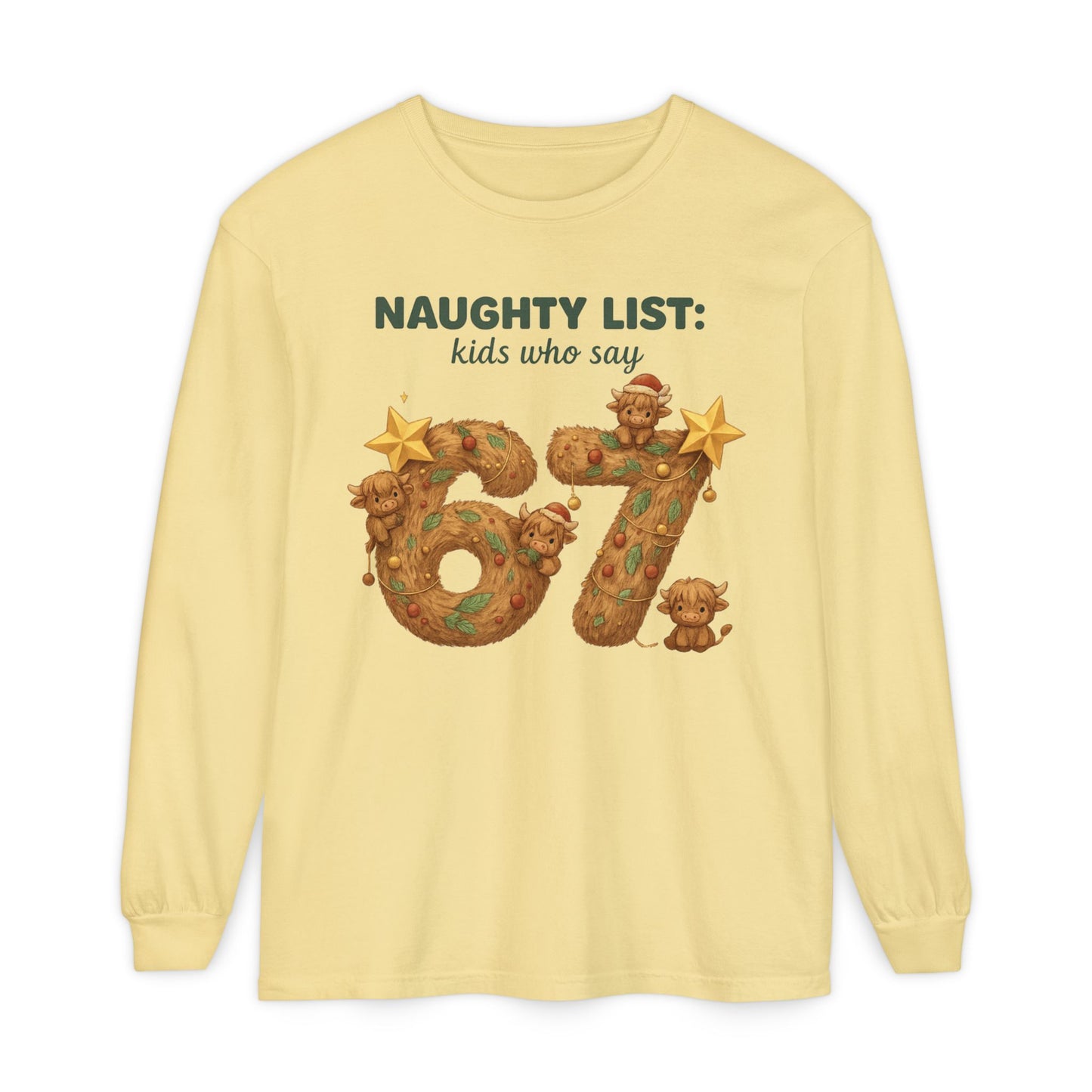 Kids Naughty List 67 Long Sleeve Tee — Funny Christmas Holiday Shirt