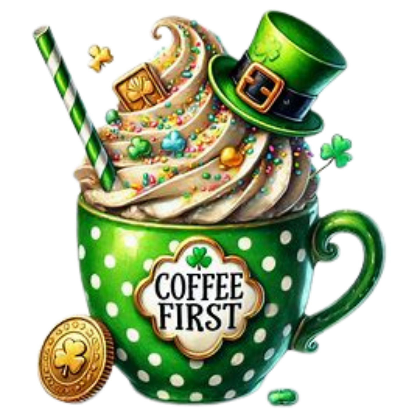 Coffee First St. Patrick's Day T-Shirt — Shamrock Latte Cup Graphic