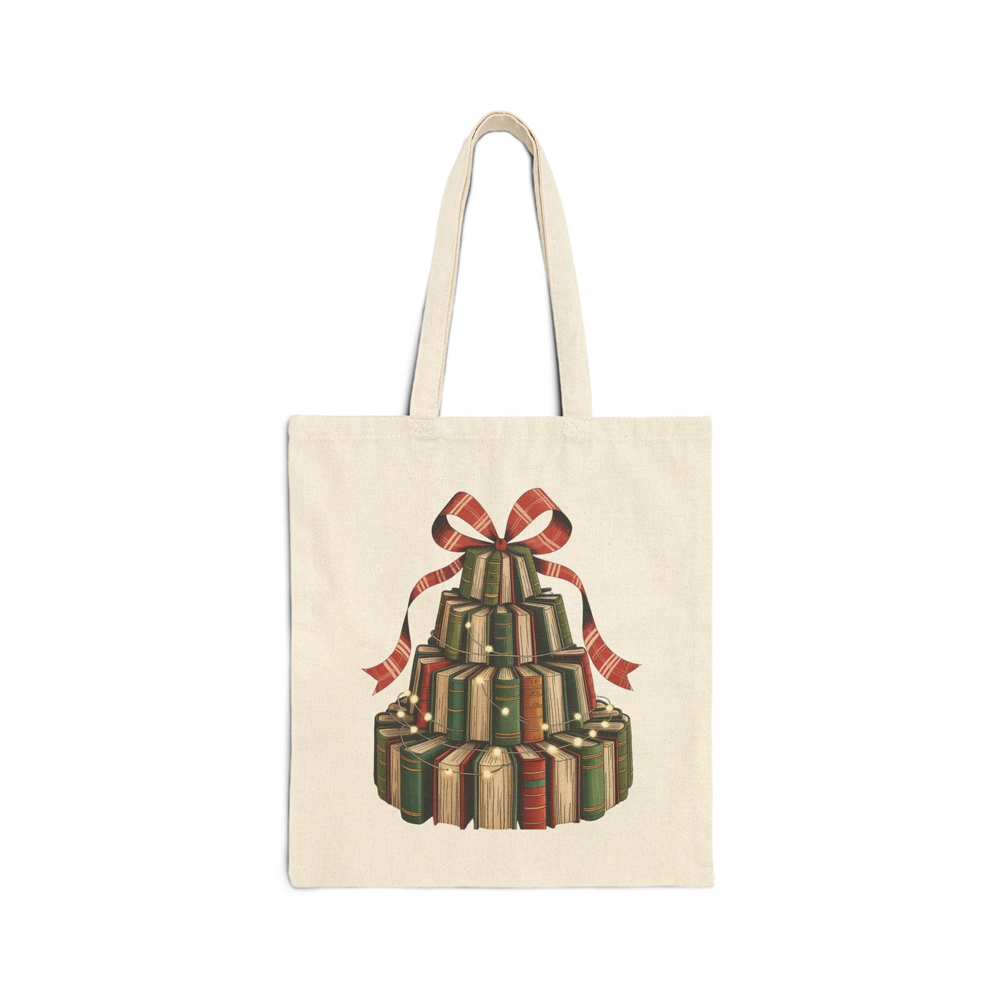 Tote Bag — Vintage Book Tree Design with Holiday Ribbon