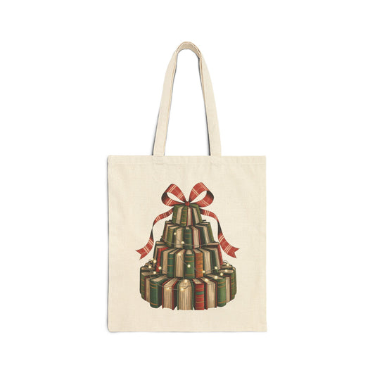Tote Bag — Vintage Book Tree Design with Holiday Ribbon