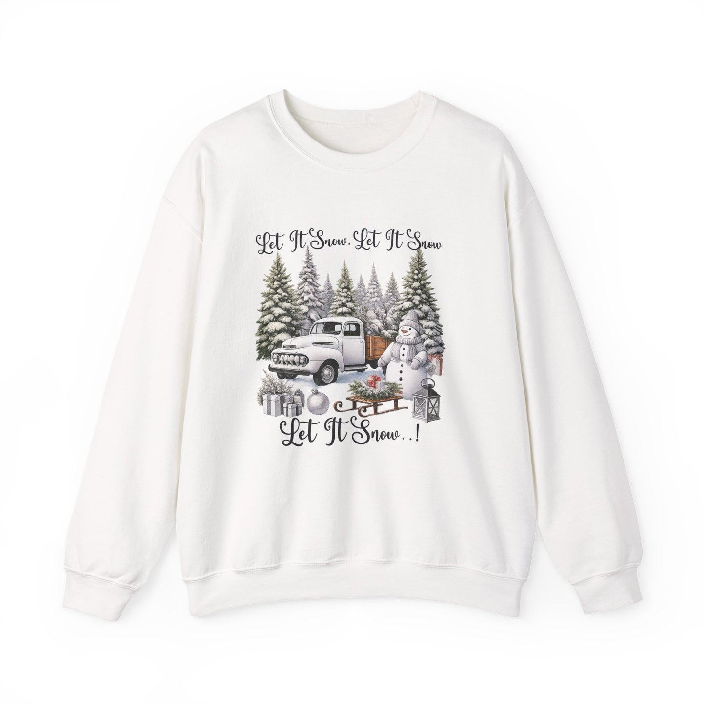 Let It Snow Crewneck Sweatshirt — Vintage Truck & Snowman Holiday Sweatshirt