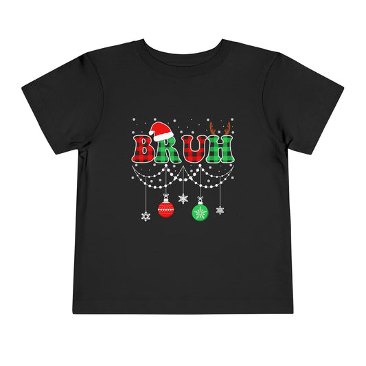 Toddler Tee - 'BRUH' Plaid Christmas Baby Shirt with Santa Hat & Reindeer Antlers