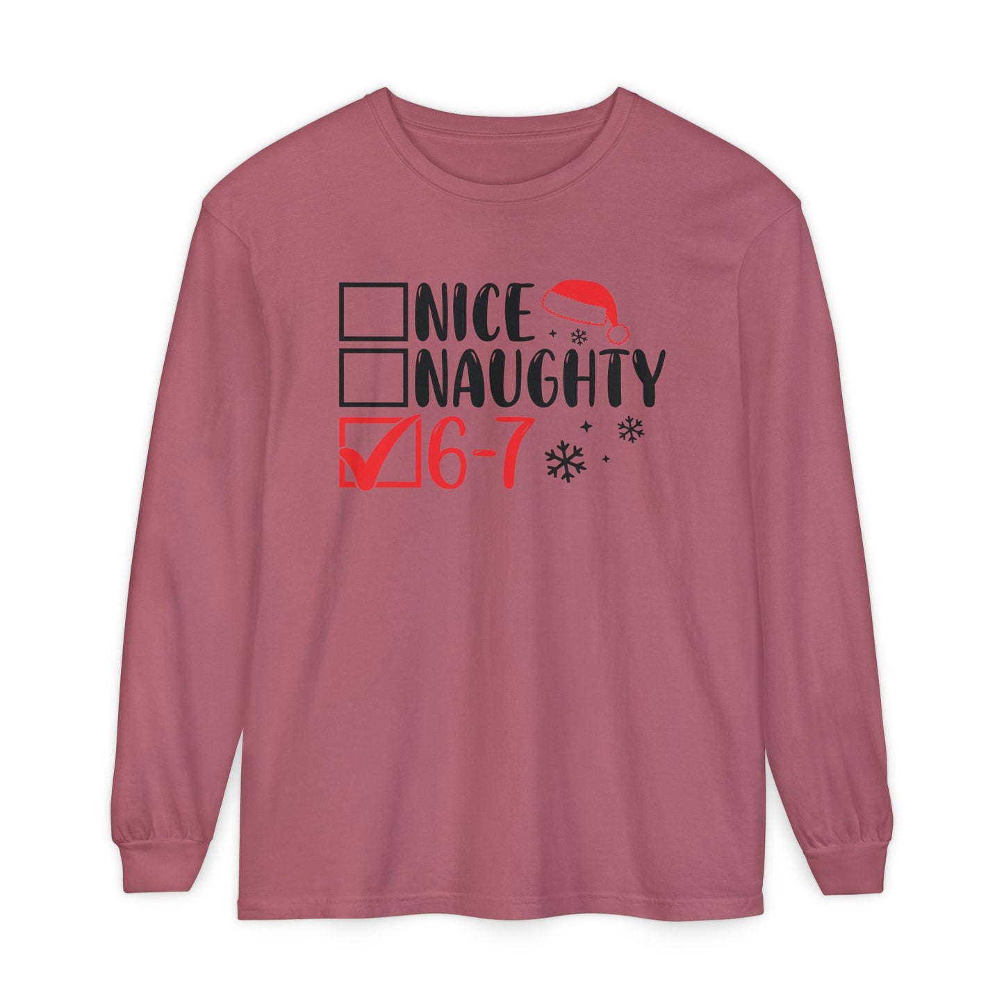 Nice Naughty 6-7 Checklist Long Sleeve T-Shirt | Christmas Santa Hat