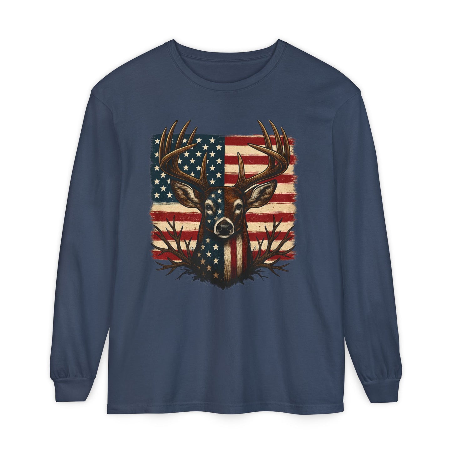Patriotic Deer Head American Flag Long Sleeve T-Shirt | Hunting USA