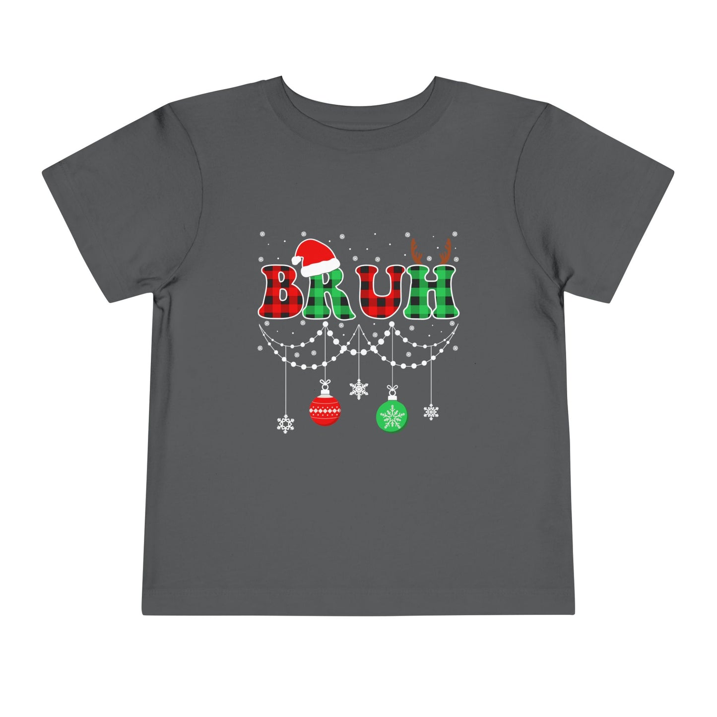 Toddler Tee - 'BRUH' Plaid Christmas Baby Shirt with Santa Hat & Reindeer Antlers