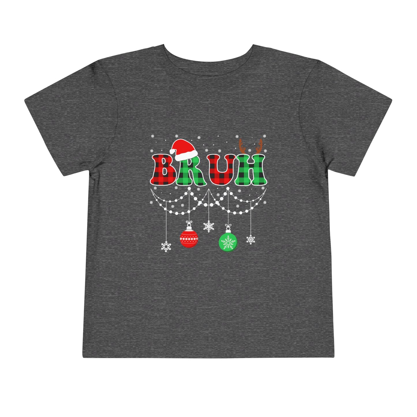 Toddler Tee - 'BRUH' Plaid Christmas Baby Shirt with Santa Hat & Reindeer Antlers