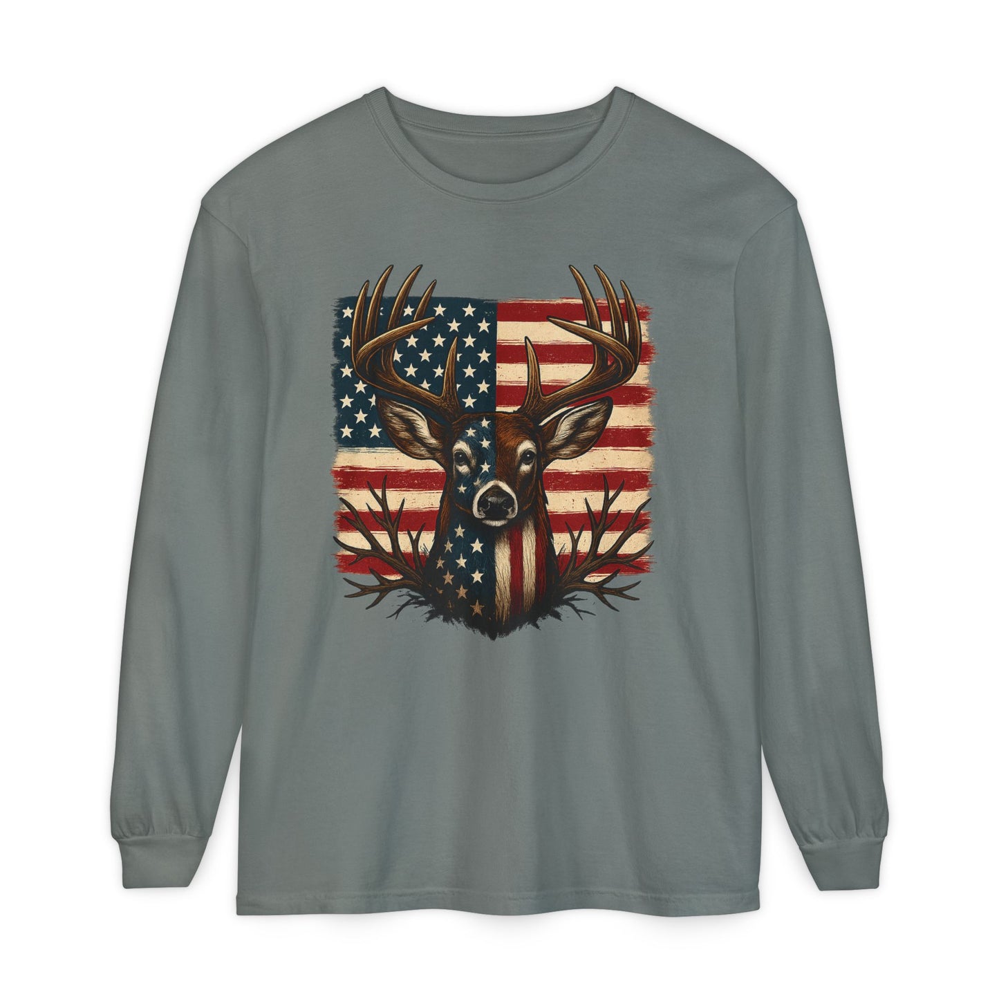 Patriotic Deer Head American Flag Long Sleeve T-Shirt | Hunting USA