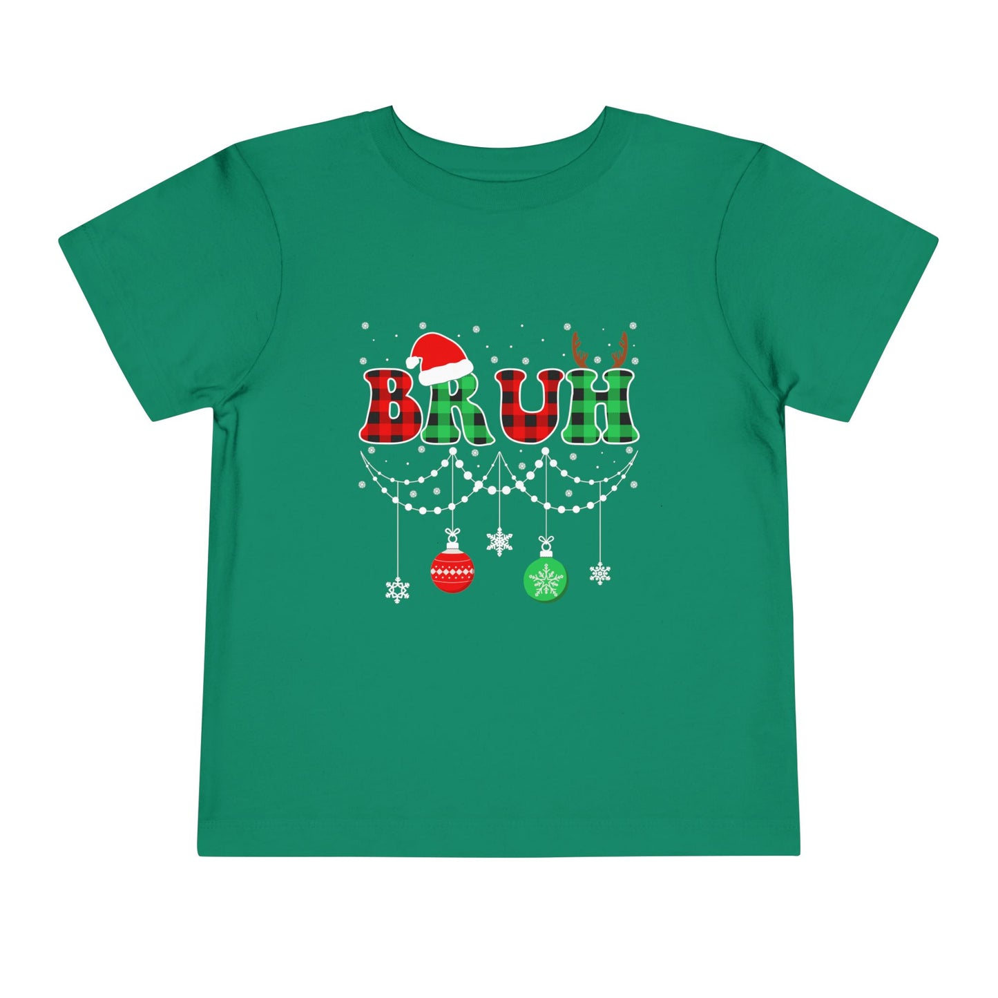 Toddler Tee - 'BRUH' Plaid Christmas Baby Shirt with Santa Hat & Reindeer Antlers