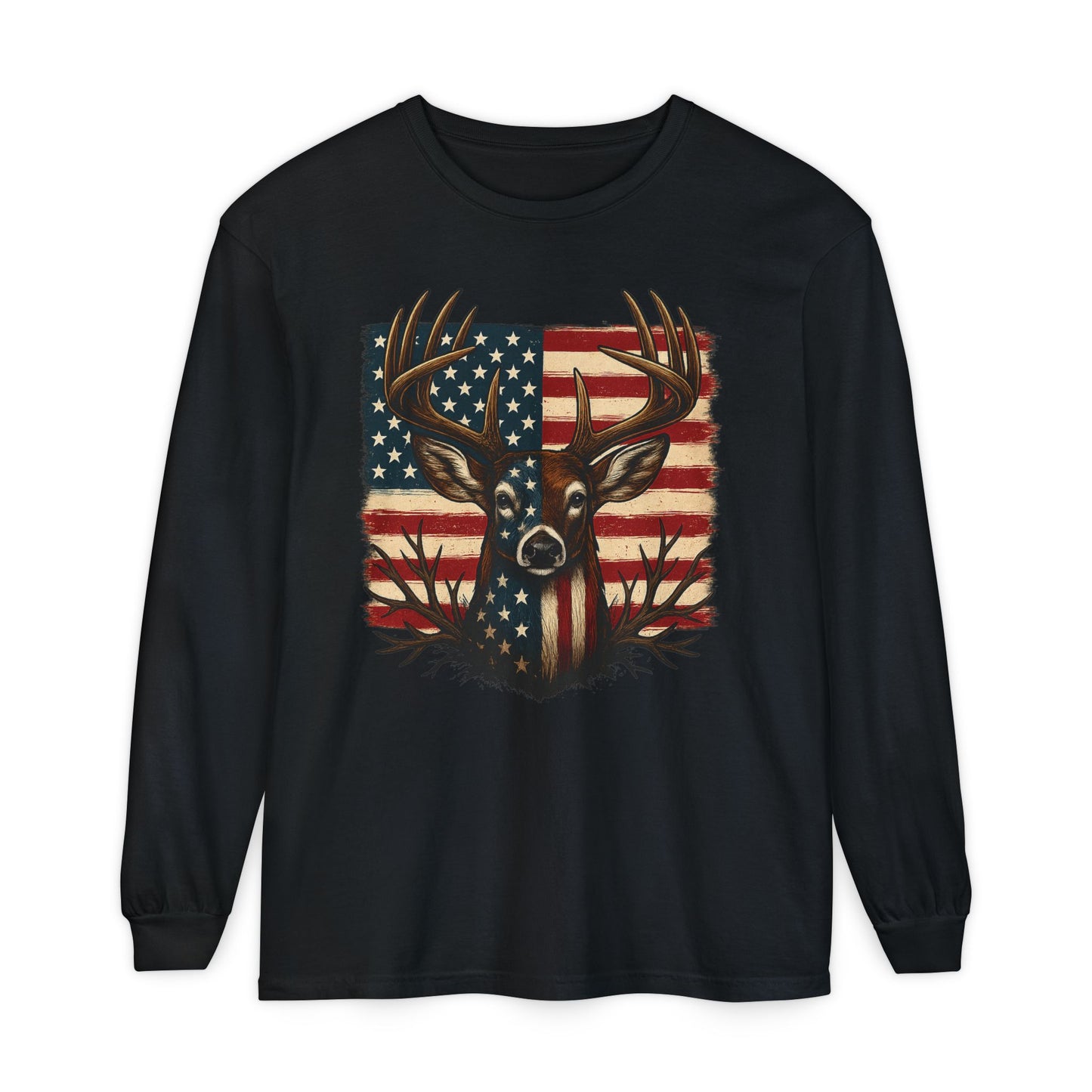 Patriotic Deer Head American Flag Long Sleeve T-Shirt | Hunting USA
