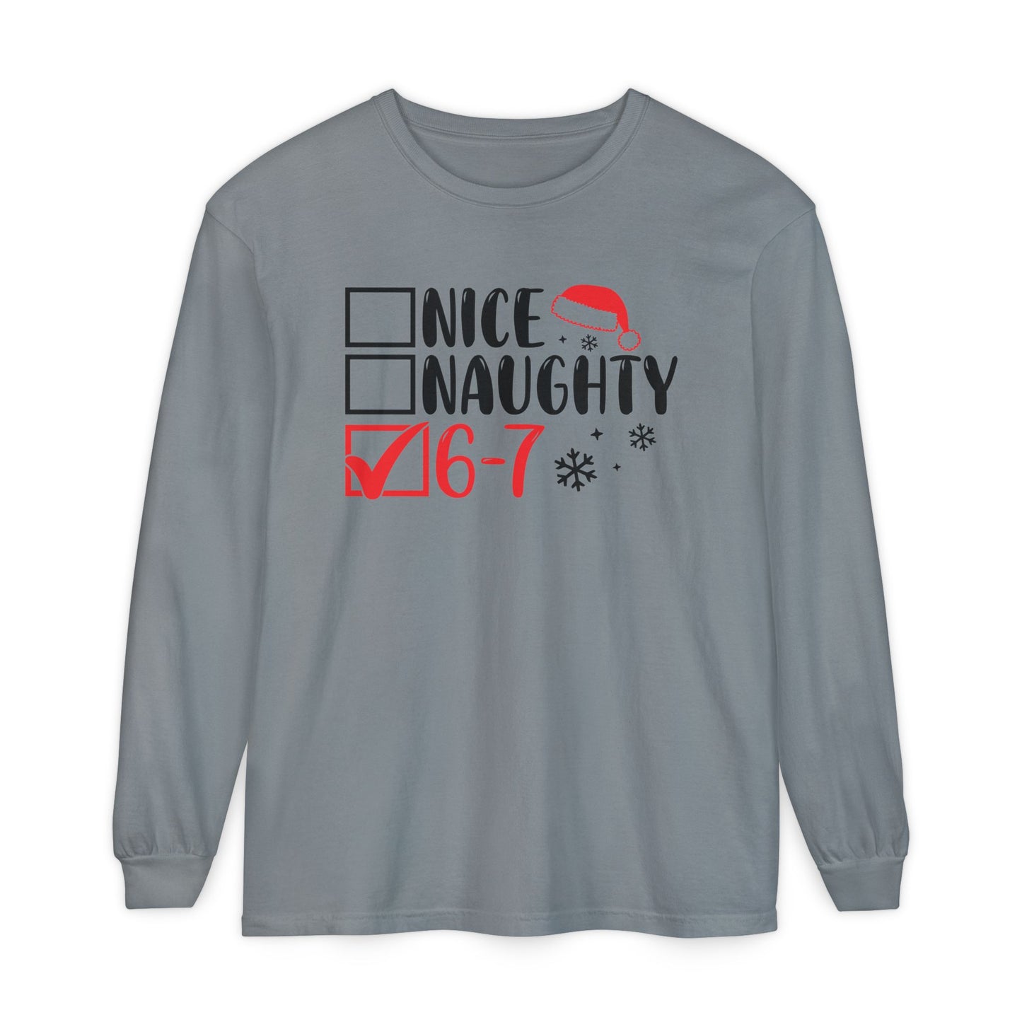 Nice Naughty 6-7 Checklist Long Sleeve T-Shirt | Christmas Santa Hat