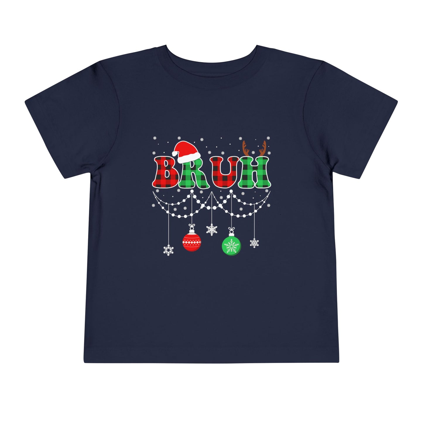 Toddler Tee - 'BRUH' Plaid Christmas Baby Shirt with Santa Hat & Reindeer Antlers