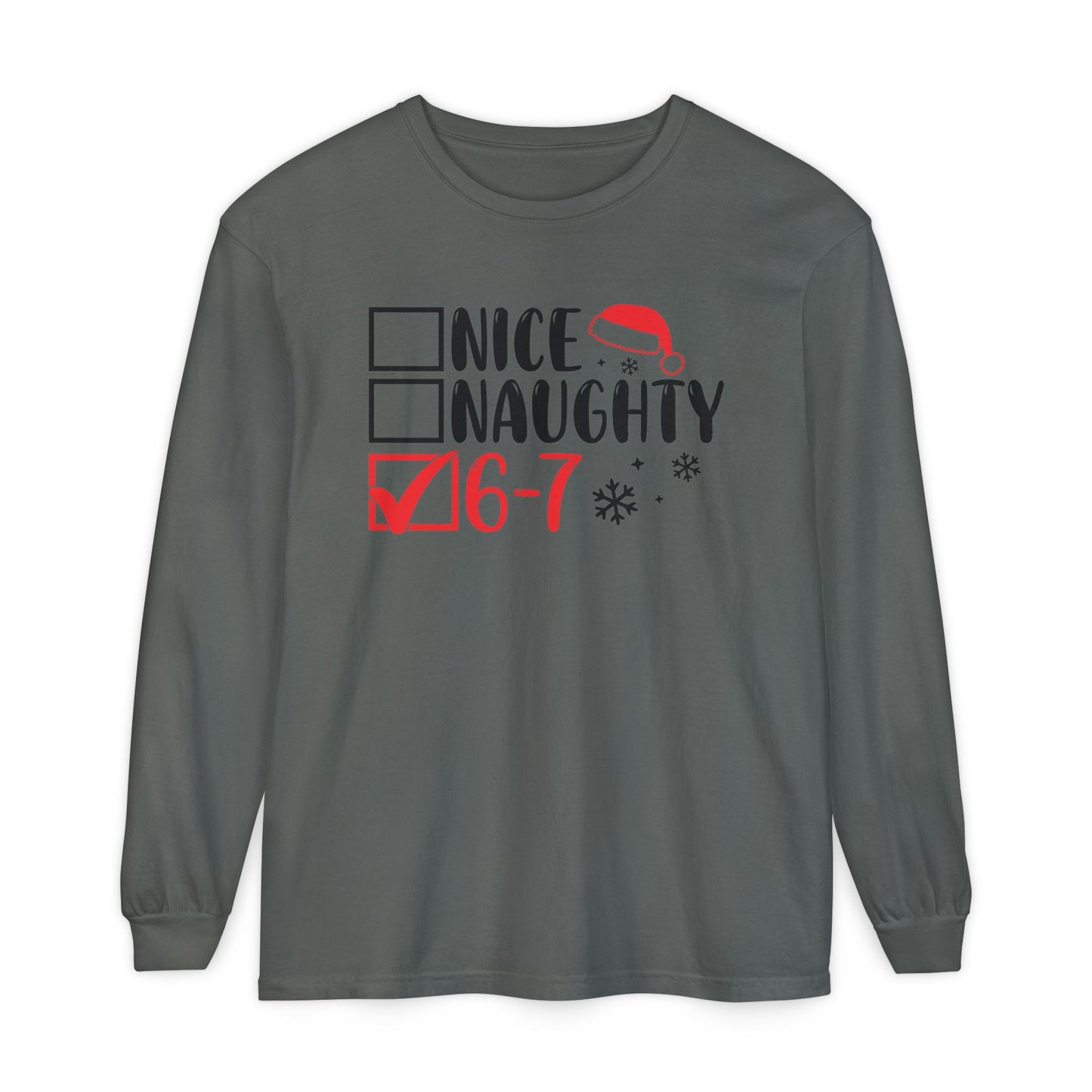 Nice Naughty 6-7 Checklist Long Sleeve T-Shirt | Christmas Santa Hat