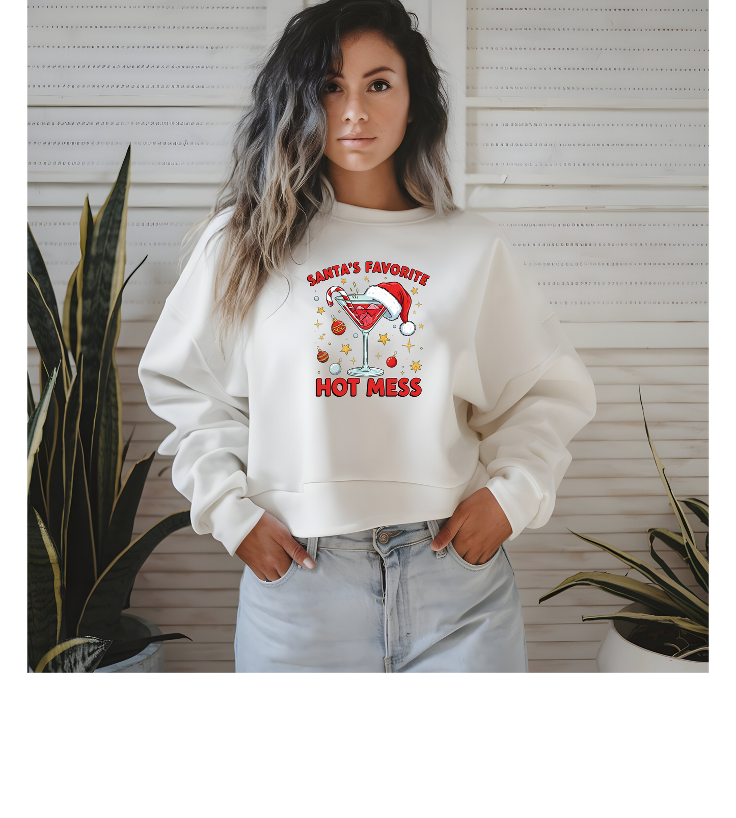 Crewneck Sweatshirt — "Santa's Favorite Hot Mess" Holiday Cocktail Sweatshirt