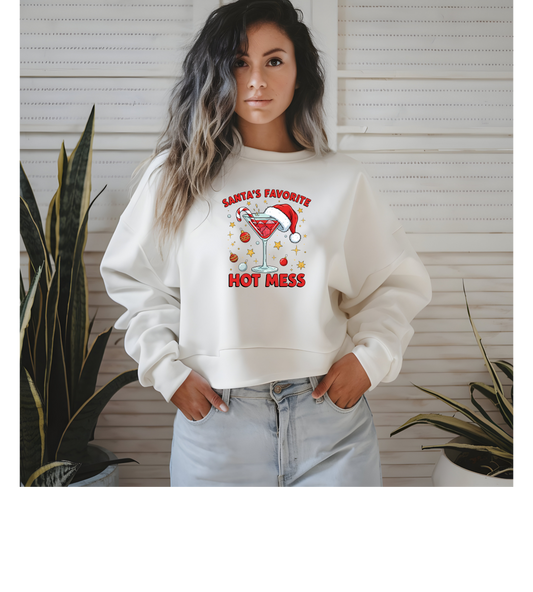 Crewneck Sweatshirt — "Santa's Favorite Hot Mess" Holiday Cocktail Sweatshirt