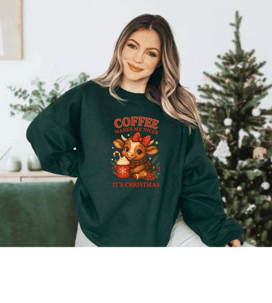 Christmas Coffee Sweatshirt – "Coffee Makes Me Nicer, It's Christmas" Cozy Crewneck