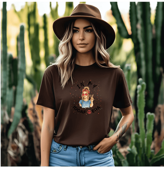 T-Shirt — "In My IDGAF Era" Peace Sign Graphic Tee (Boho Girl, Casual Attitude)