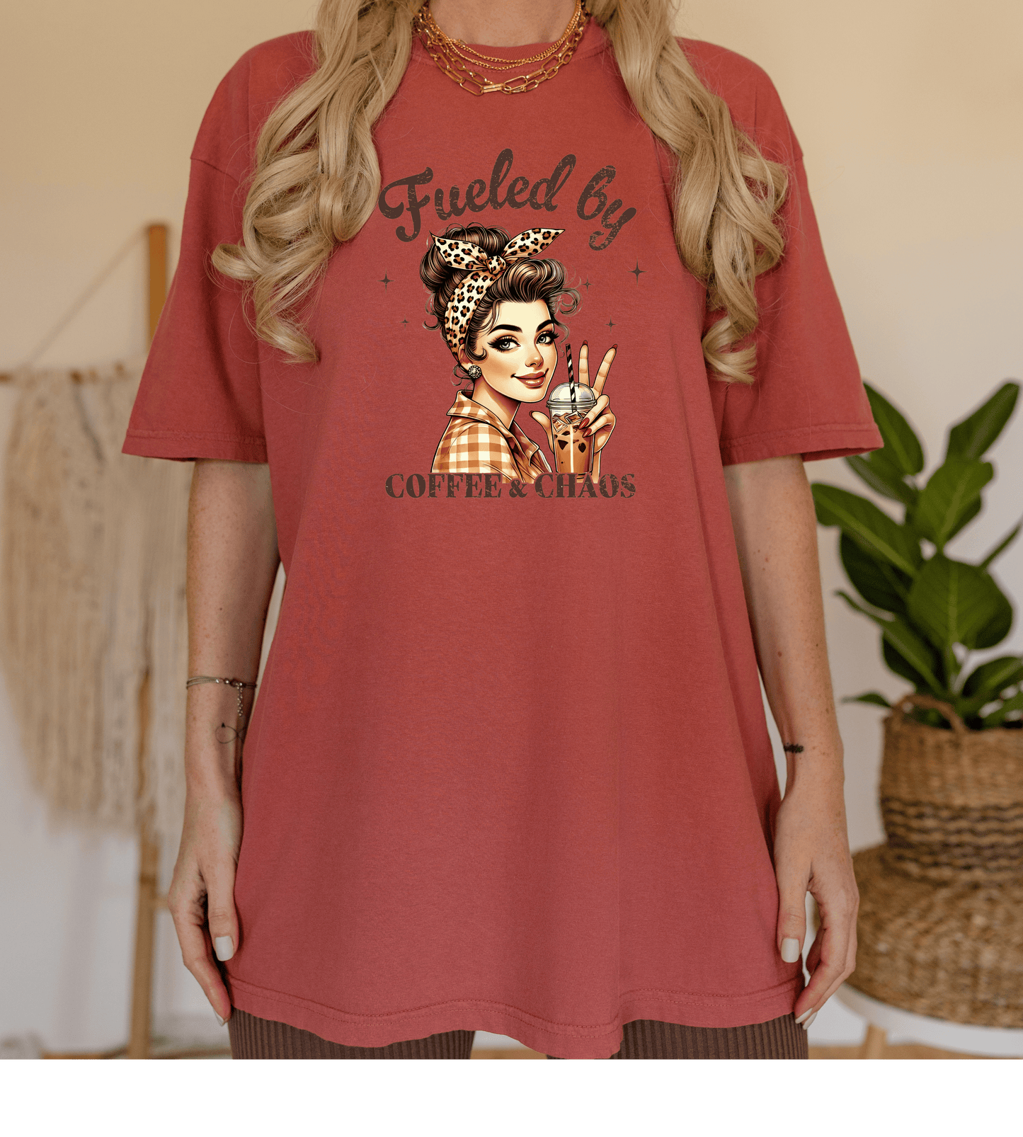 Fueled by Coffee & Chaos T-Shirt — Retro Rosie Woman Graphic Tee