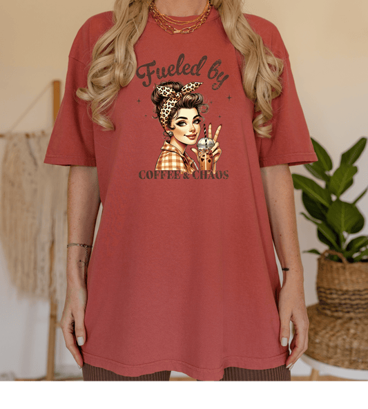 Fueled by Coffee & Chaos T-Shirt — Retro Rosie Woman Graphic Tee