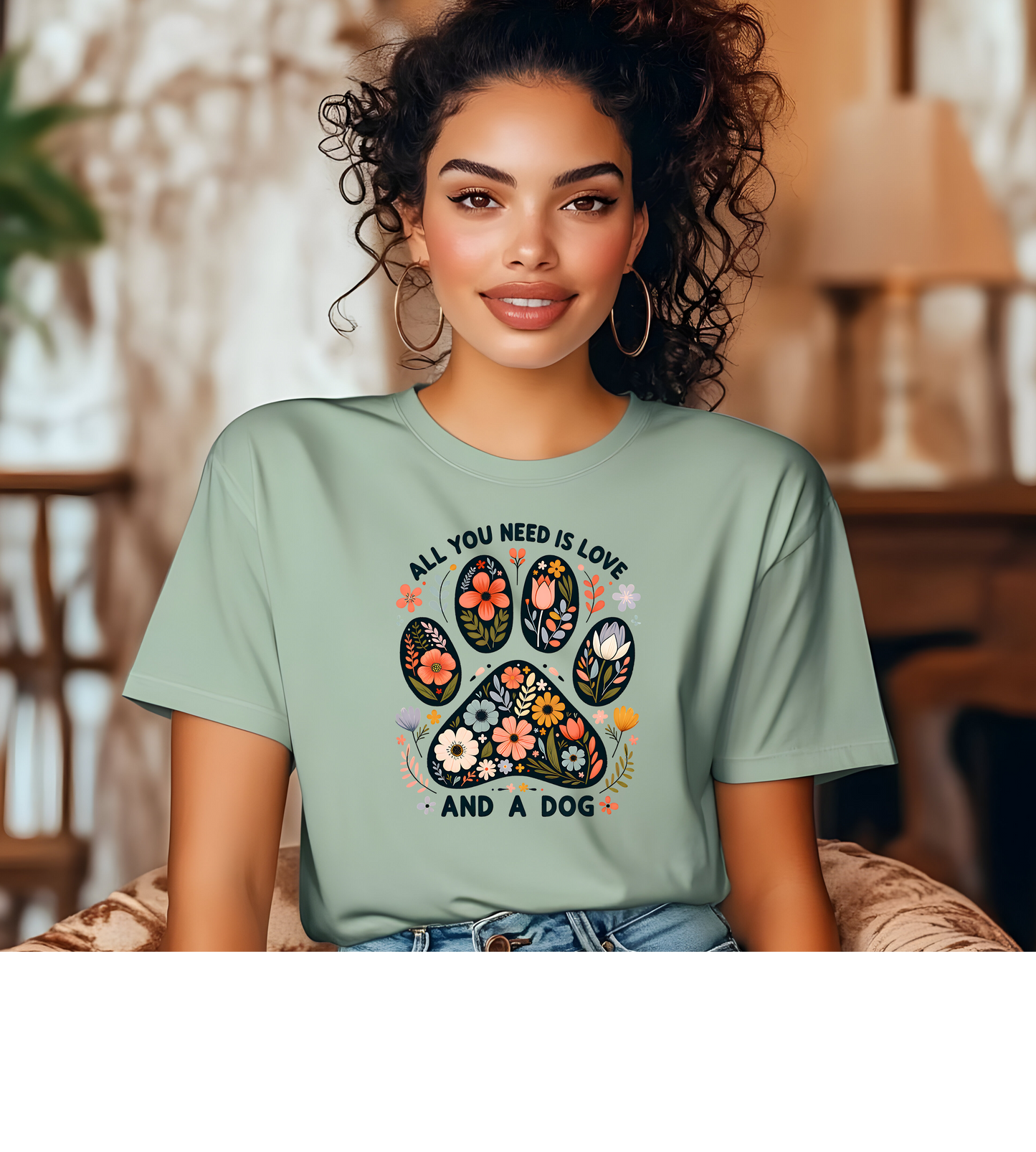 Dog Paw Floral T-Shirt — “All You Need Is Love and a Dog” Cute Pet Lover Tee