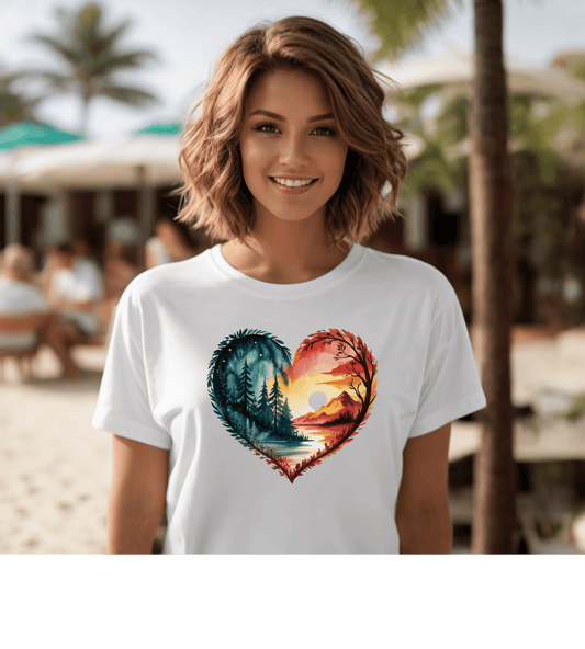 Heart Landscape T-Shirt — Sunrise & Forest Nature Graphic Tee