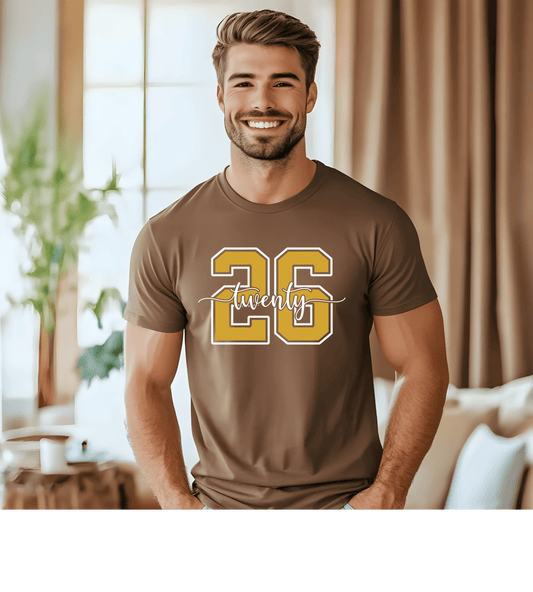 T-Shirt — Retro '26' Varsity Number Tee (twenty script)