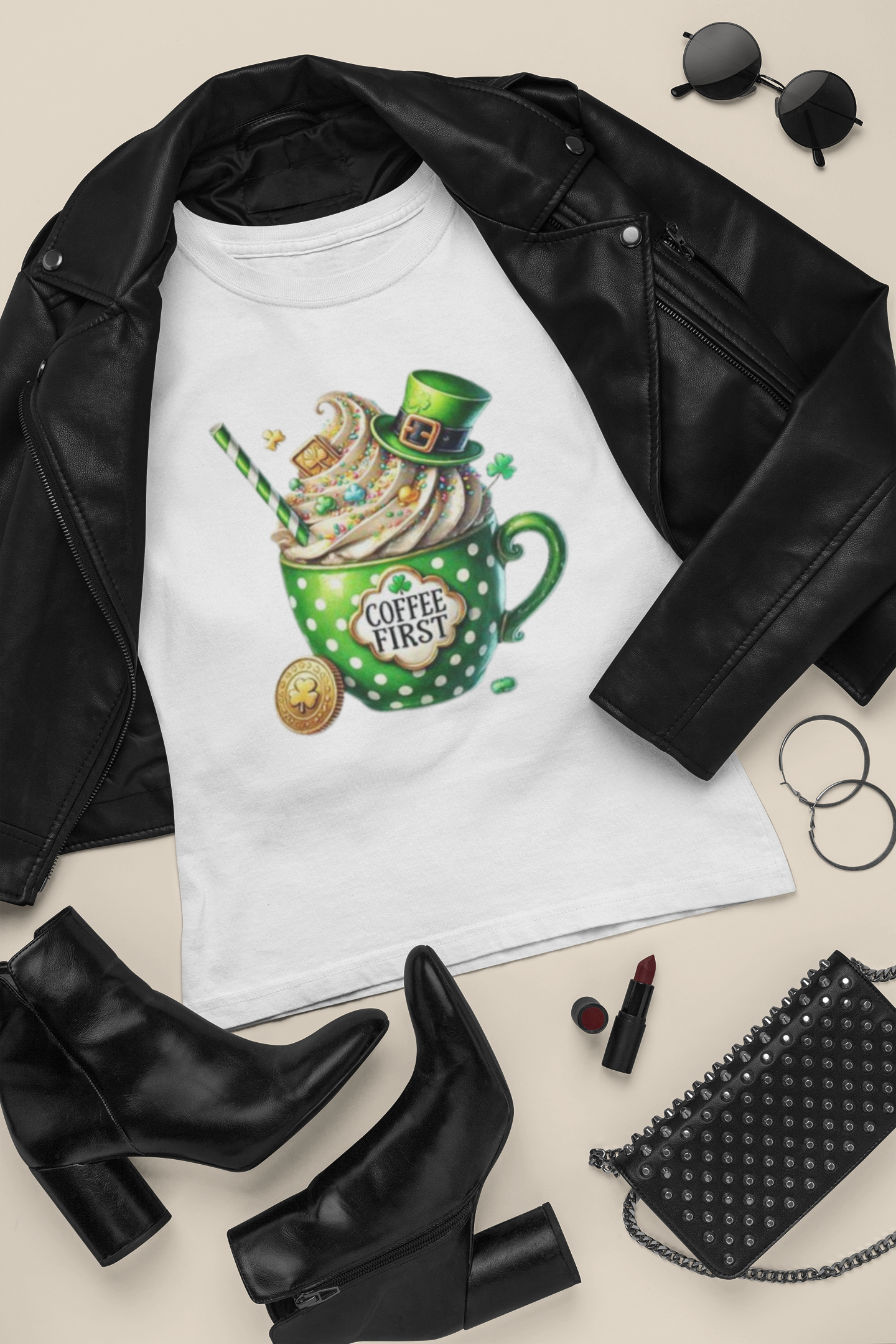 Coffee First St. Patrick's Day T-Shirt — Shamrock Latte Cup Graphic