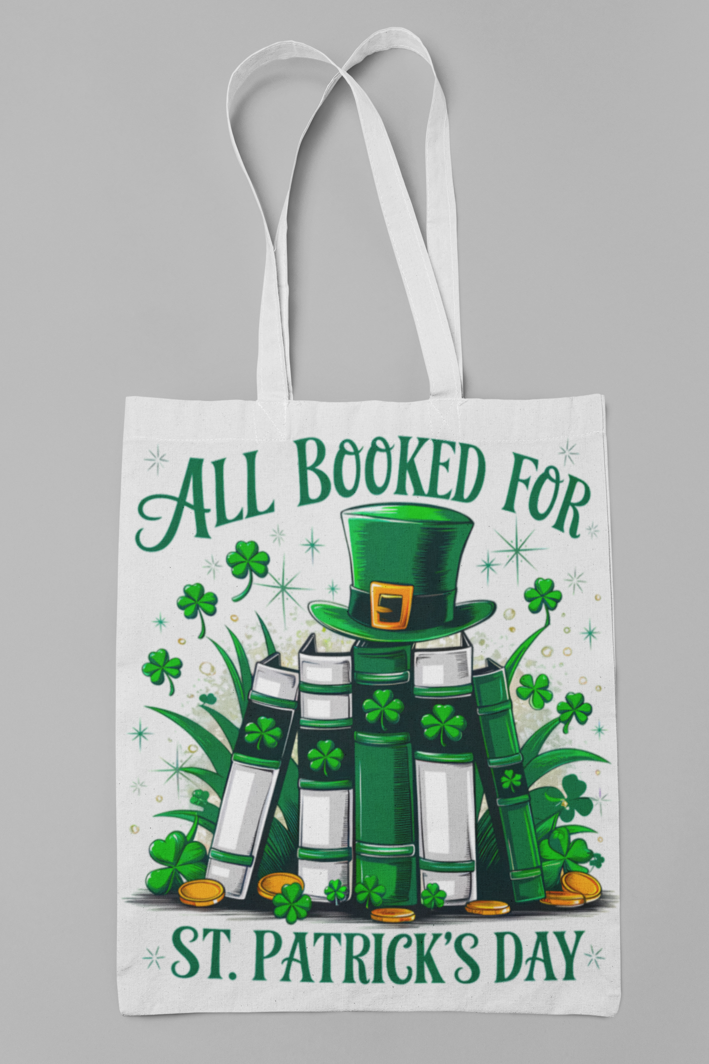 St. Patrick's Day Tote Bag — "All Booked For" Reading Shamrock Booklover Tote