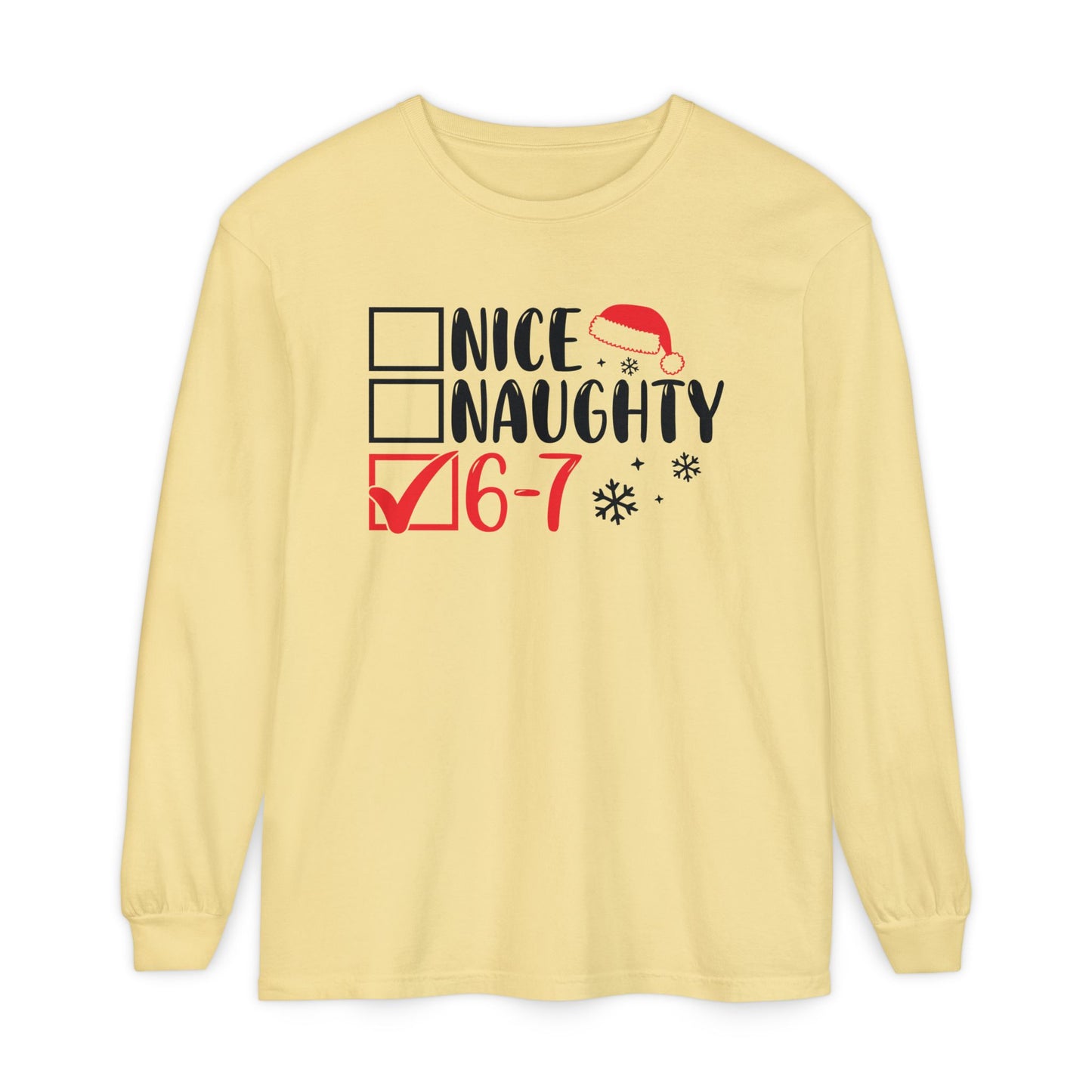 Nice Naughty 6-7 Checklist Long Sleeve T-Shirt | Christmas Santa Hat