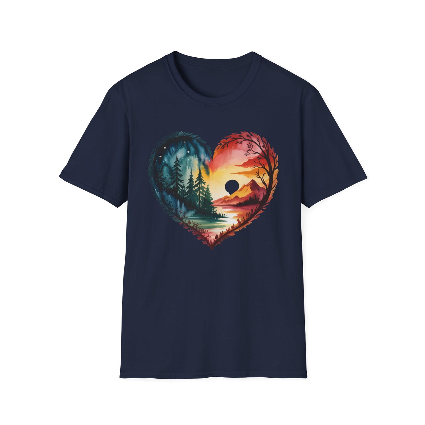 Heart Landscape T-Shirt — Sunrise & Forest Nature Graphic Tee