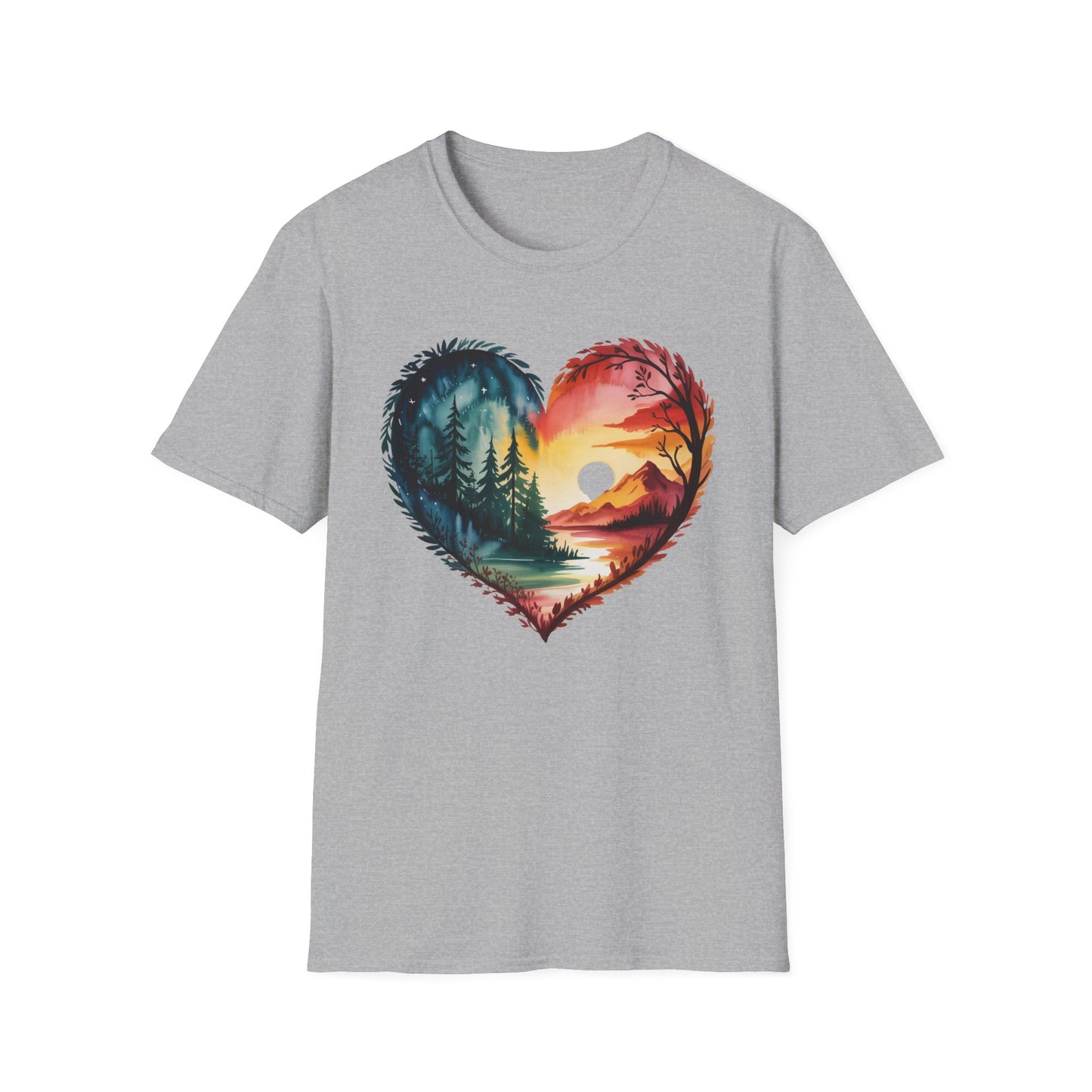 Heart Landscape T-Shirt — Sunrise & Forest Nature Graphic Tee