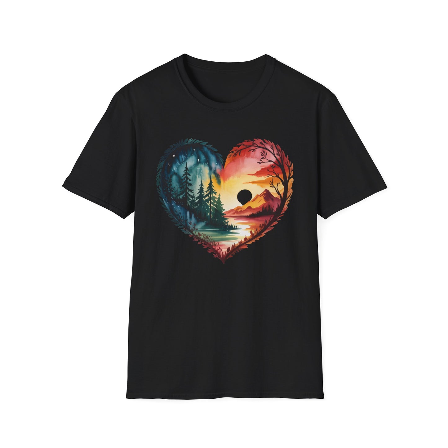 Heart Landscape T-Shirt — Sunrise & Forest Nature Graphic Tee