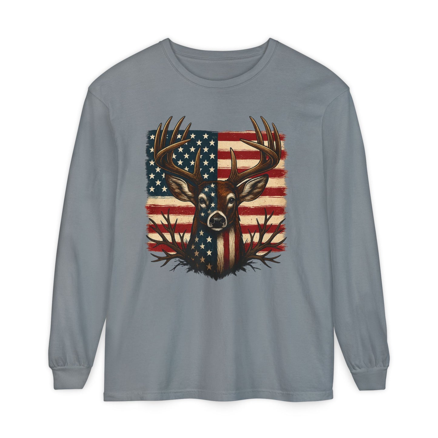 Patriotic Deer Head American Flag Long Sleeve T-Shirt | Hunting USA
