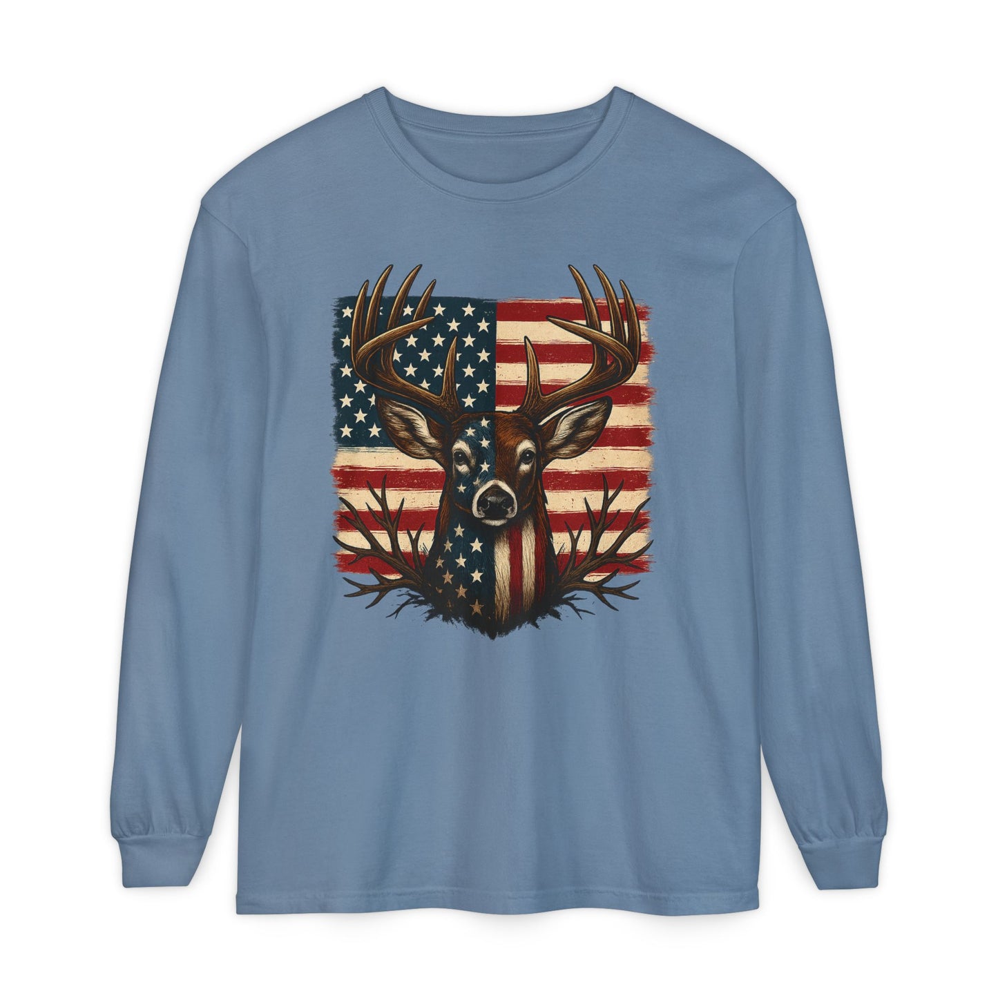 Patriotic Deer Head American Flag Long Sleeve T-Shirt | Hunting USA