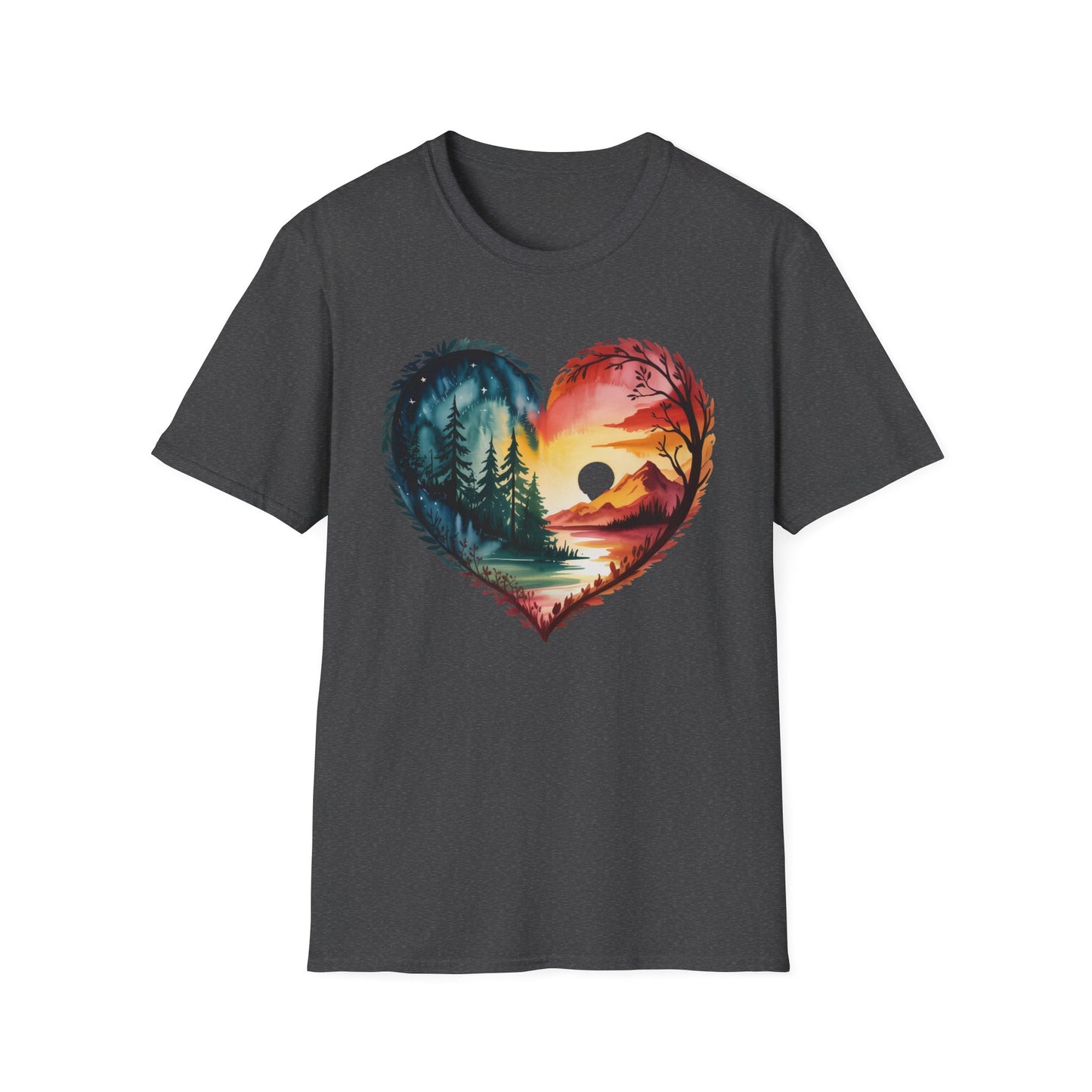 Heart Landscape T-Shirt — Sunrise & Forest Nature Graphic Tee