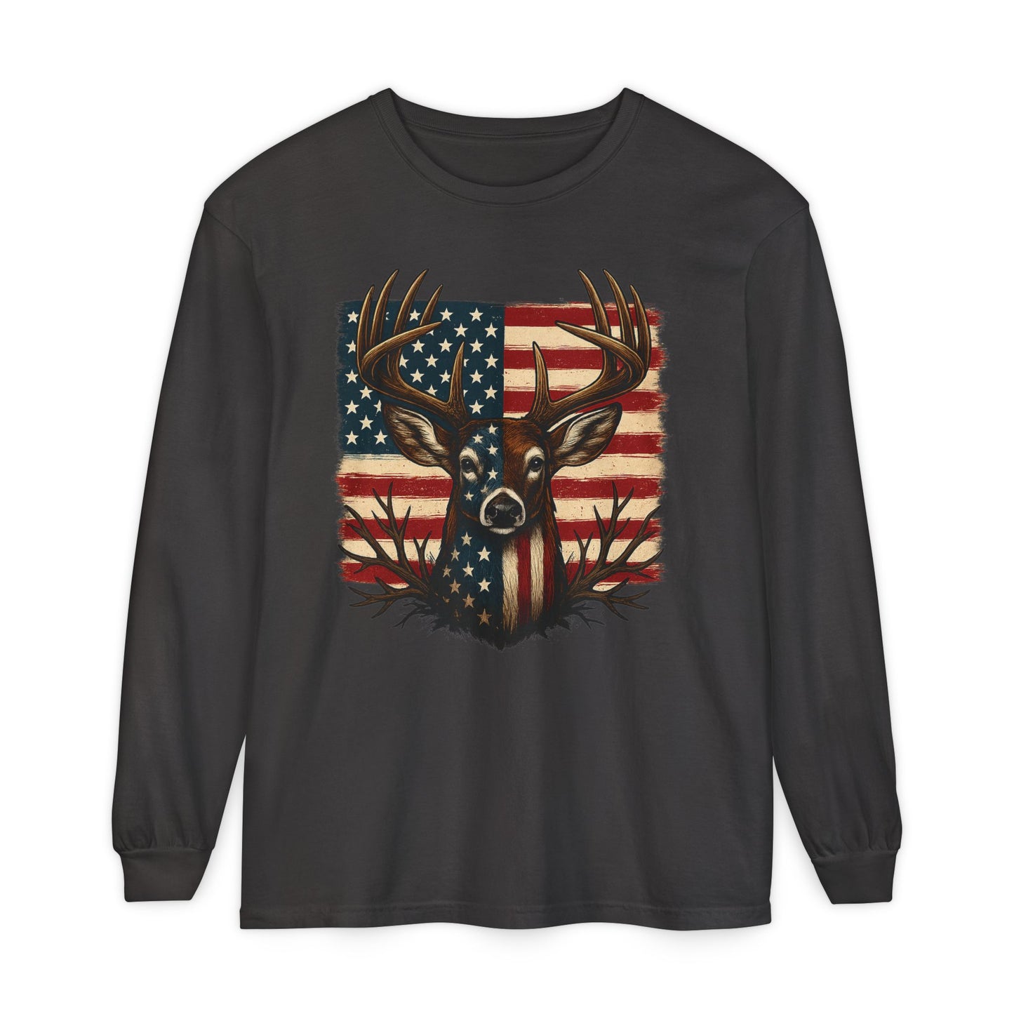 Patriotic Deer Head American Flag Long Sleeve T-Shirt | Hunting USA