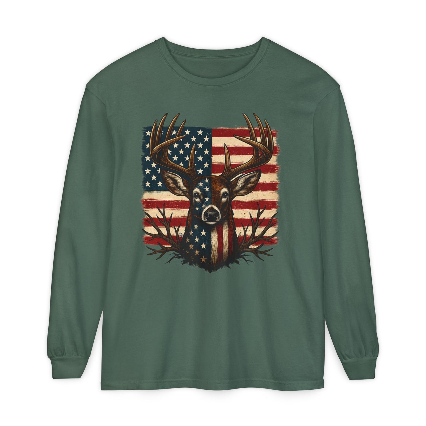 Patriotic Deer Head American Flag Long Sleeve T-Shirt | Hunting USA