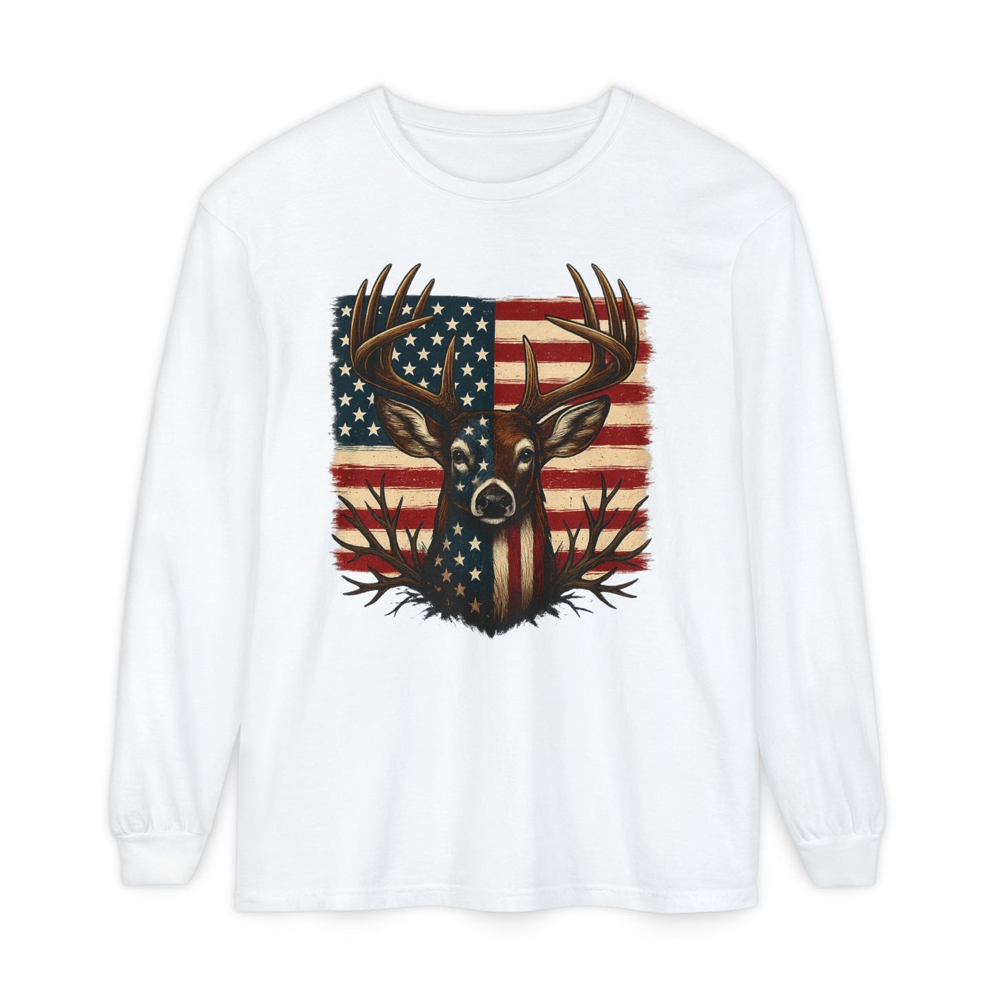 Patriotic Deer Head American Flag Long Sleeve T-Shirt | Hunting USA