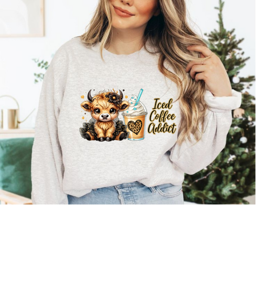 Iced Coffee Addict Sweatshirt — Cute Calf & Iced Coffee Graphic Crewneck