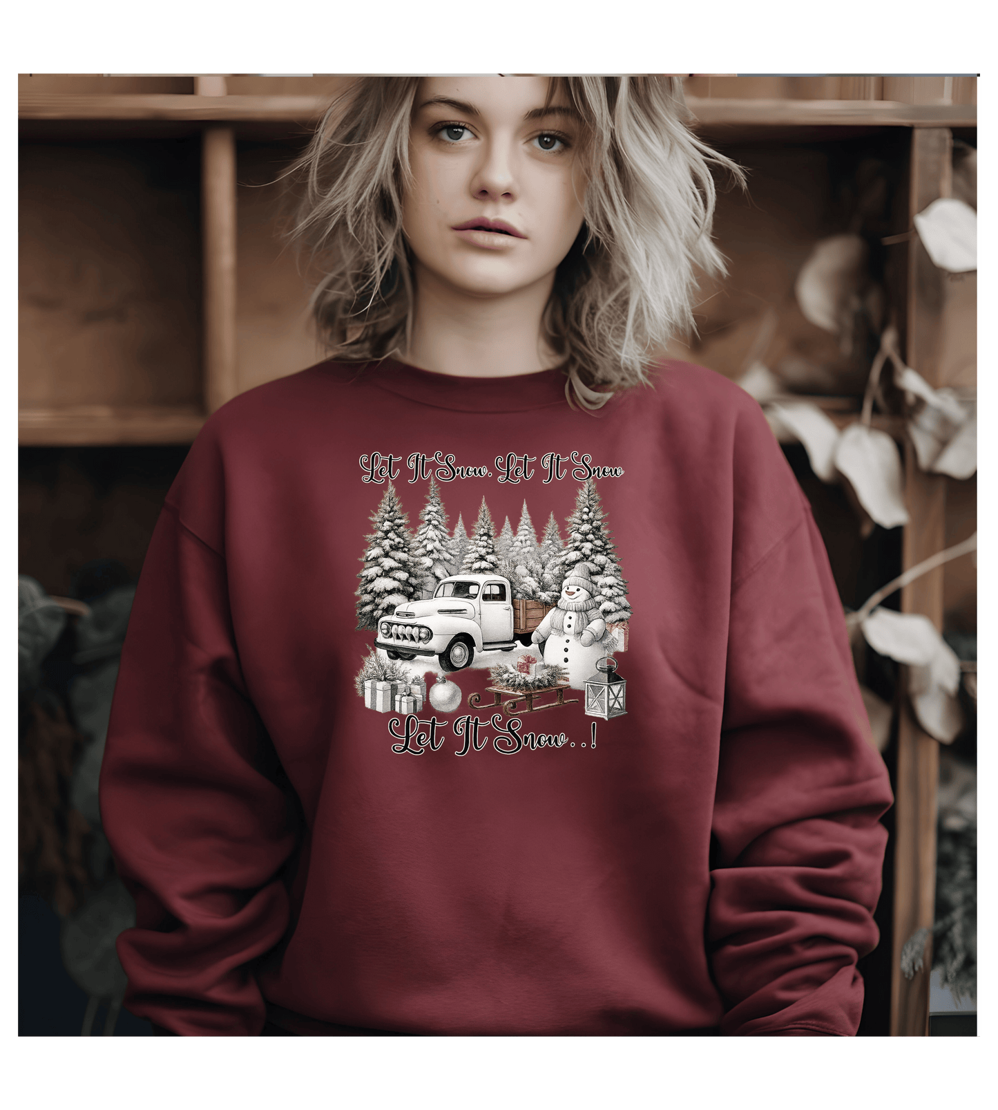Let It Snow Crewneck Sweatshirt — Vintage Truck & Snowman Holiday Sweatshirt