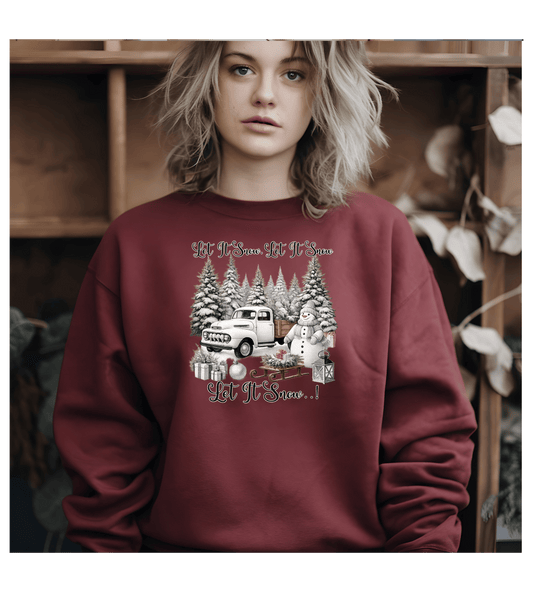 Let It Snow Crewneck Sweatshirt — Vintage Truck & Snowman Holiday Sweatshirt