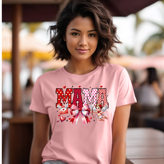 Mama Valentine T‑Shirt — Cute Cherub & Bow Heart Graphic Tee