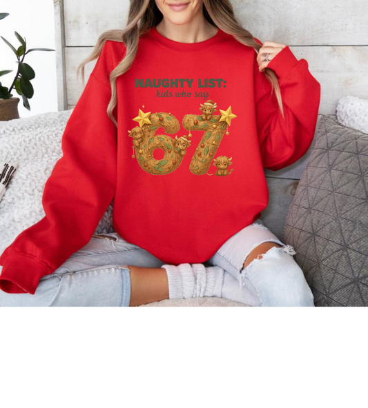Kids Naughty List 67 Long Sleeve Tee — Funny Christmas Holiday Shirt