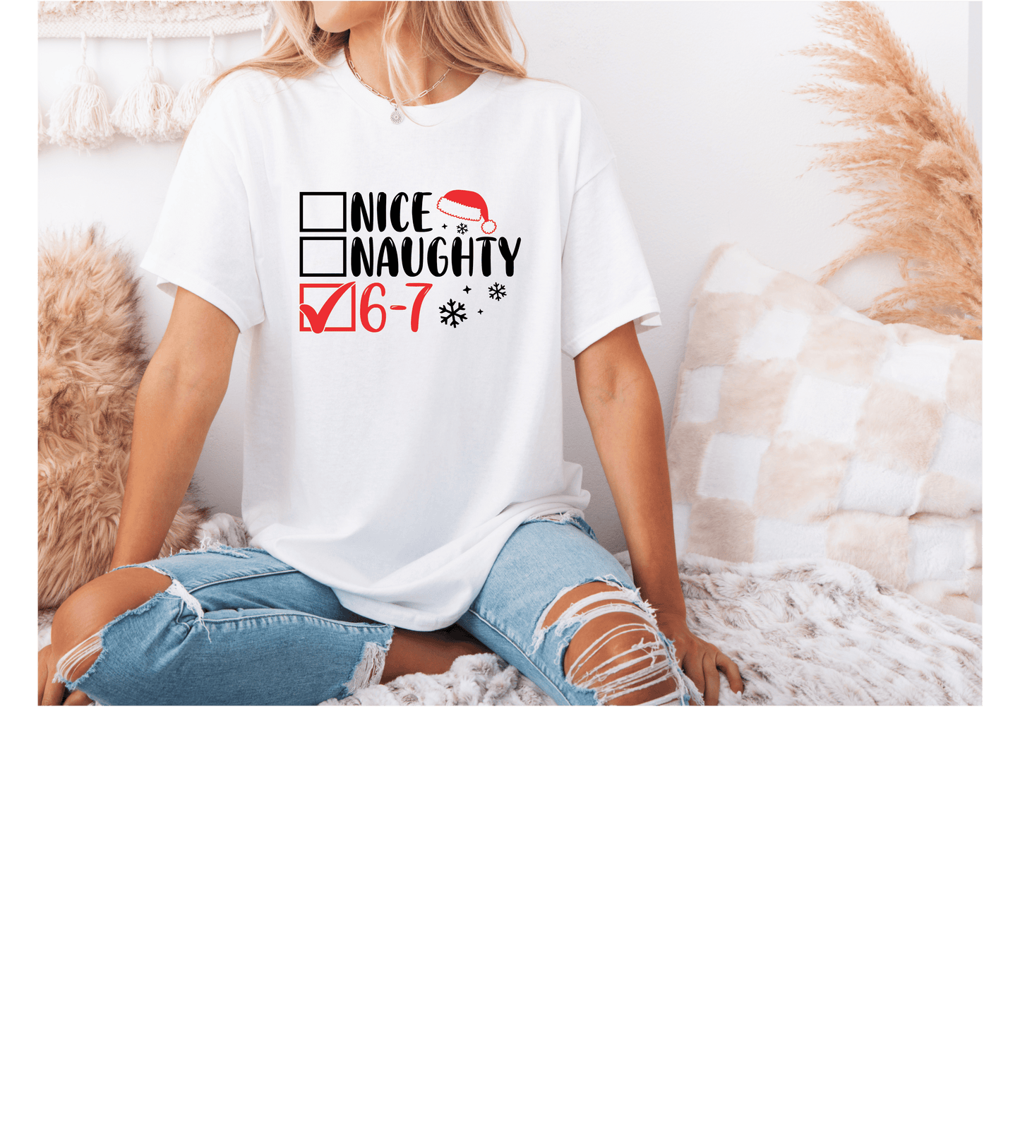 Nice Naughty 6-7 Checklist Long Sleeve T-Shirt | Christmas Santa Hat