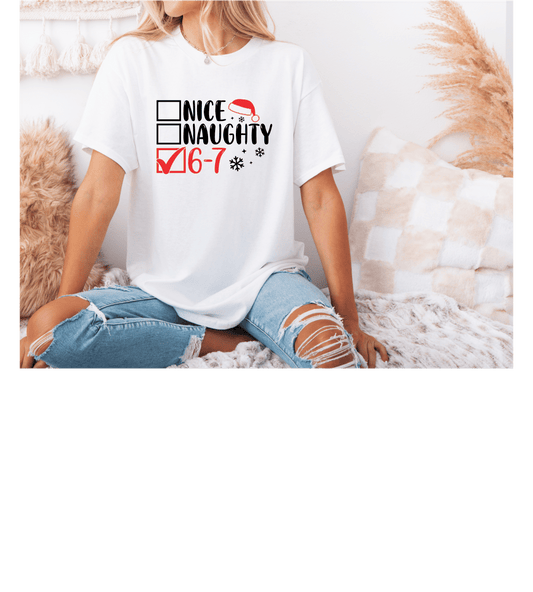 Nice Naughty 6-7 Checklist Long Sleeve T-Shirt | Christmas Santa Hat