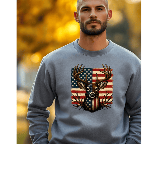 Patriotic Deer Head American Flag Long Sleeve T-Shirt | Hunting USA