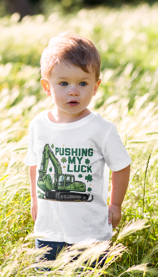 Toddler Tee — "Pushing My Luck" Green Excavator St. Patrick's Day Shirt